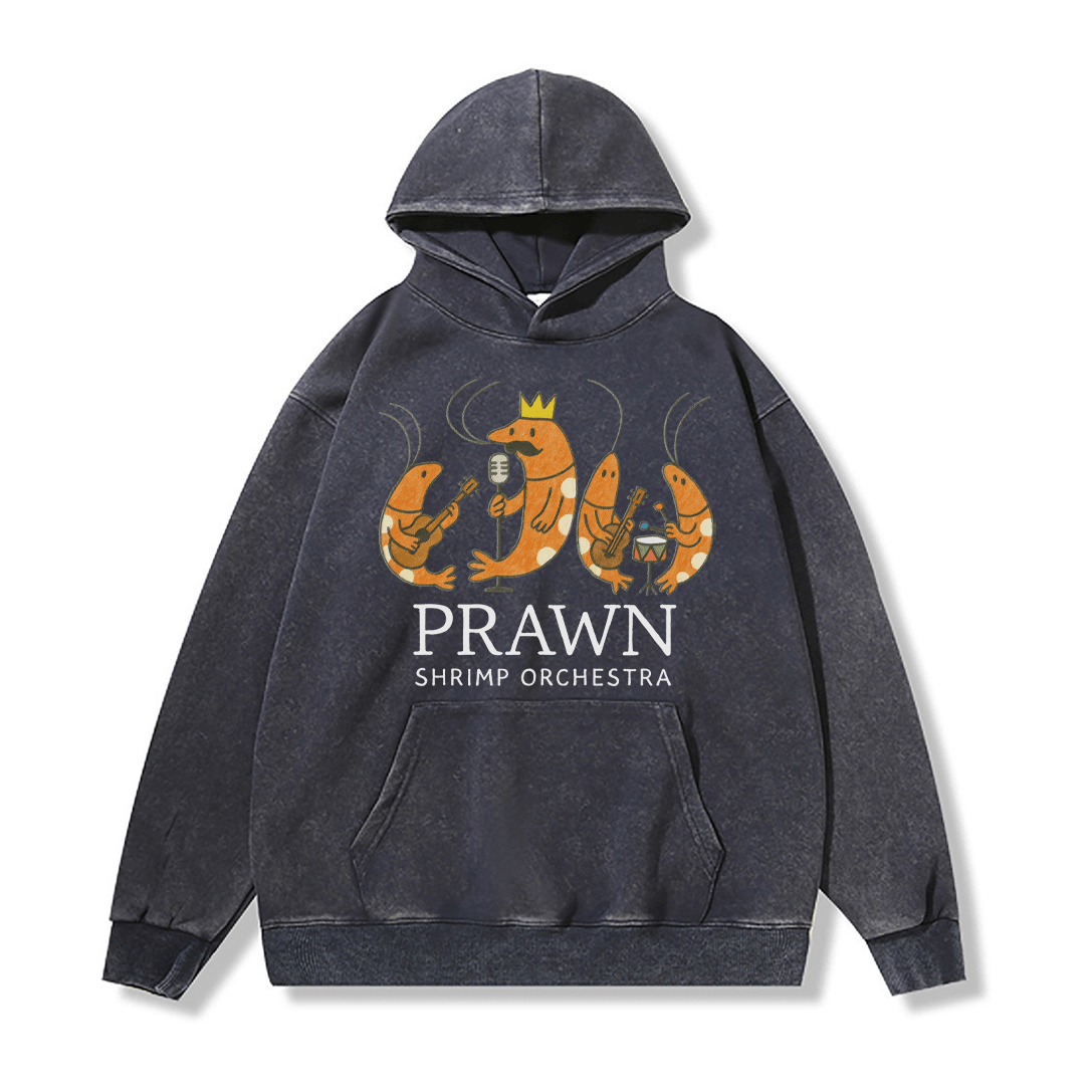 PRAWN SHRIMP ORCHESTRA ユニセックス ヴィンテージウォッシュドフーディー バンドグラフィックプルオーバー - Purplish Blue - 2XL - image 3