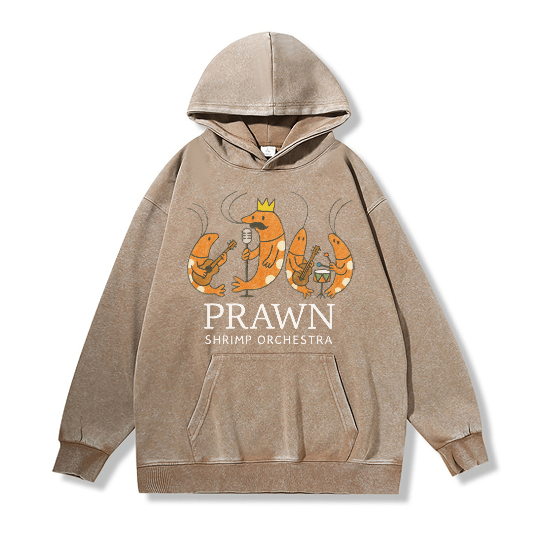 PRAWN SHRIMP ORCHESTRA ユニセックス ヴィンテージウォッシュドフーディー バンドグラフィックプルオーバー - Brown - 2XL - image 1