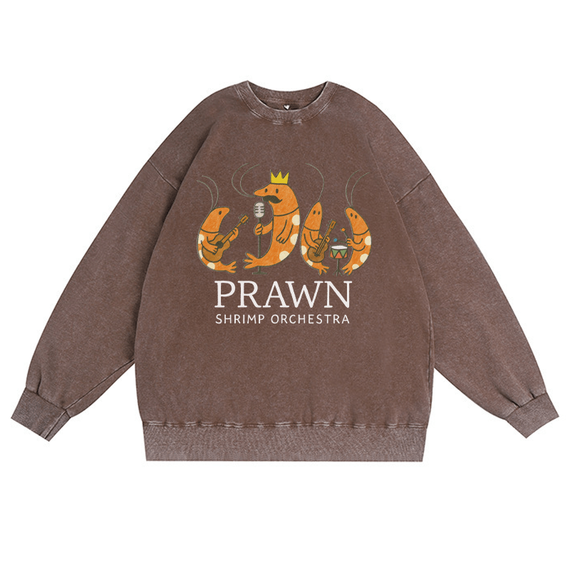 PRAWN SHRIMP ORCHESTRA ユニセックス ヴィンテージウォッシュドスウェットシャツ バンドグラフィック クルーネックプルオーバー - 茶色 - 3XL - image 2