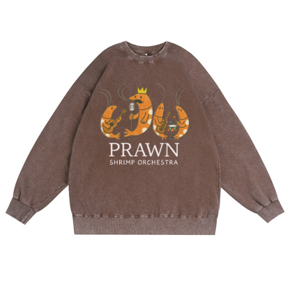 PRAWN SHRIMP ORCHESTRA ユニセックス ヴィンテージウォッシュドスウェットシャツ バンドグラフィック クルーネックプルオーバー - 茶色 - 3XL - image 2