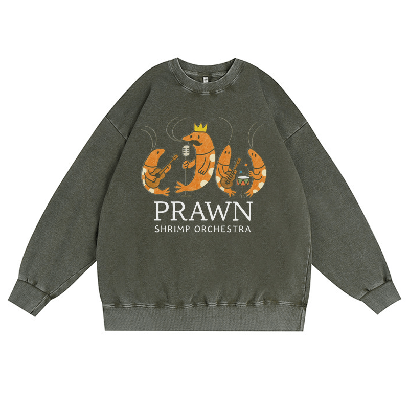 PRAWN SHRIMP ORCHESTRA ユニセックス ヴィンテージウォッシュドスウェットシャツ バンドグラフィック クルーネックプルオーバー - ダークグリーン - 3XL - image 1