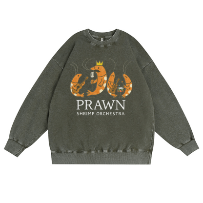 PRAWN SHRIMP ORCHESTRA ユニセックス ヴィンテージウォッシュドスウェットシャツ バンドグラフィック クルーネックプルオーバー - ダークグリーン - 3XL - image 1