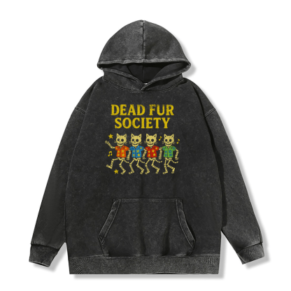 DEAD FUR SOCIETY ユニセックス ヴィンテージ ウォッシュド パーカー スカル キャット グラフィック プルオーバー - Black - 2XL - image 1