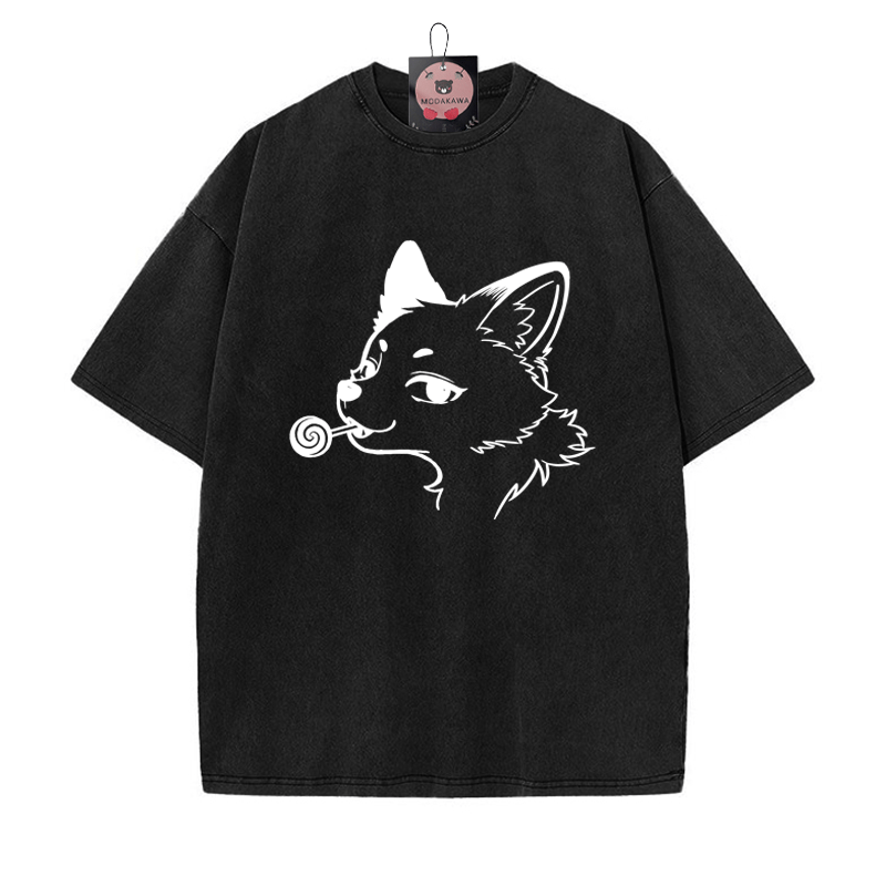 フォックスプリント ヴィンテージウォッシュTシャツ - 黒 - 5XL - image 4