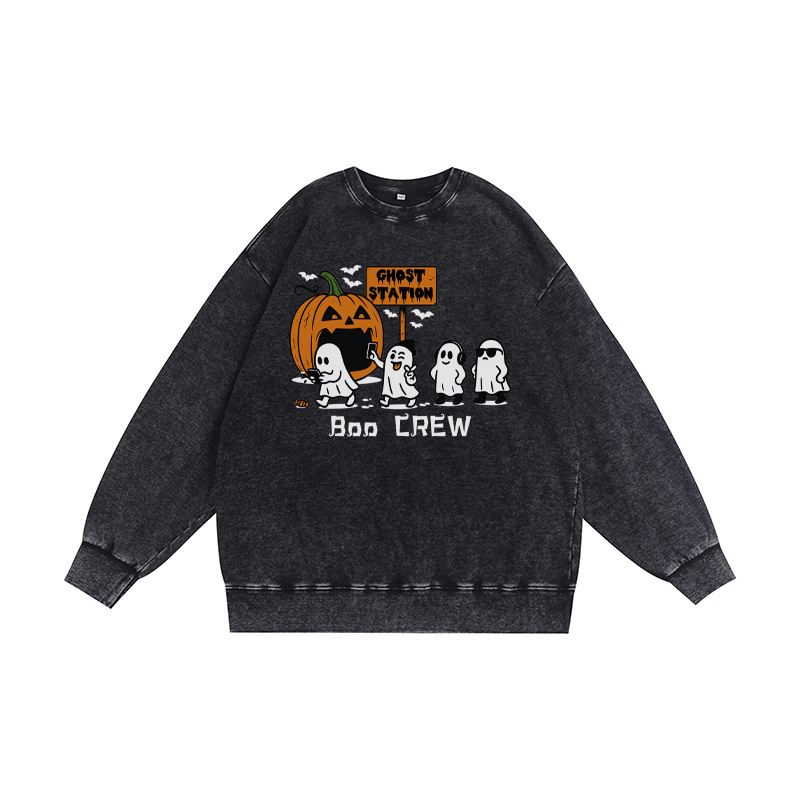 BOO CREW ユニセックス ヴィンテージ ウォッシュド スウェットシャツ ゴースト パンプキン ハロウィン グラフィック クルーネック プルオーバー - 黒 - 3XL - image 2