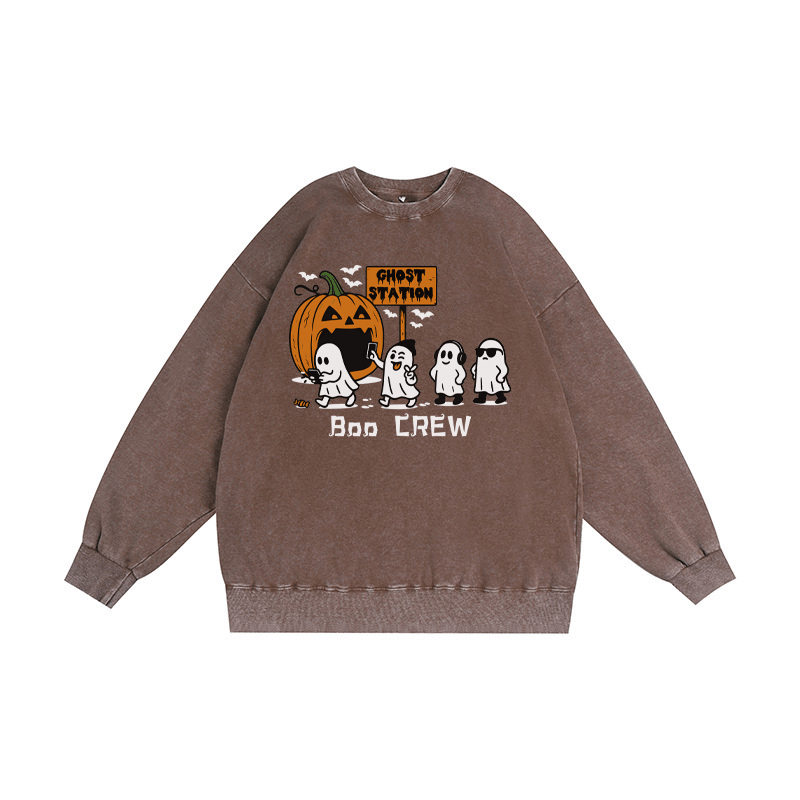 BOO CREW ユニセックス ヴィンテージ ウォッシュド スウェットシャツ ゴースト パンプキン ハロウィン グラフィック クルーネック プルオーバー - 茶色 - 3XL - image 1