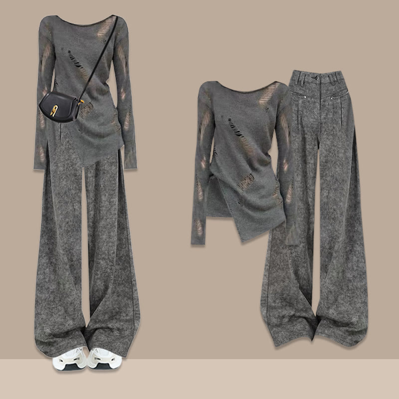 クロスニットセーター ワイドレッグパンツ ツーピース - グレーB - XL - image 2