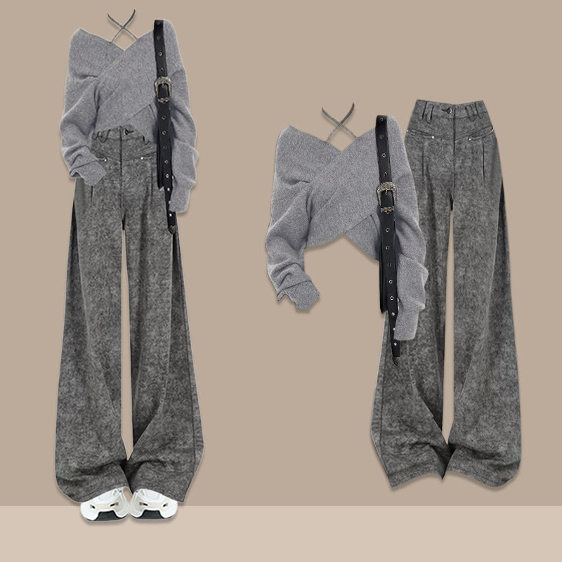 クロスニットセーター ワイドレッグパンツ ツーピース - グレーA - XL - image 1
