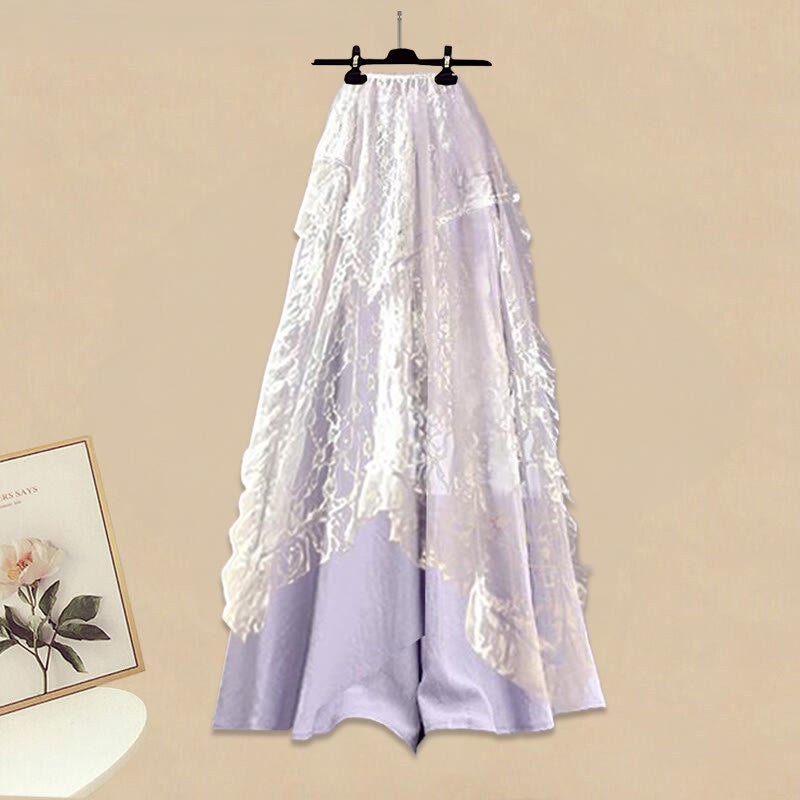 ニットカーディガン、セーター、レーススカート、ワイドレッグパンツスカート、スリーピース - レーススカート+パンツスカート - XL - image 2