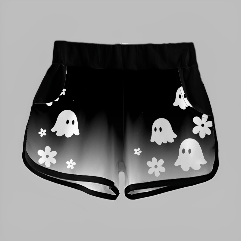 グラデーションゴーストフラワーハロウィングラフィックショーツ - Black&White - 5XL - image 1