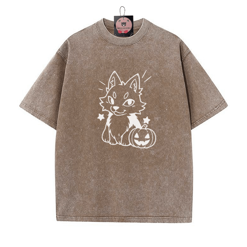 遊び心のあるキツネのパンプキングラフィック ユニセックス ヴィンテージ ウォッシュTシャツ - Brown - 5XL - image 1