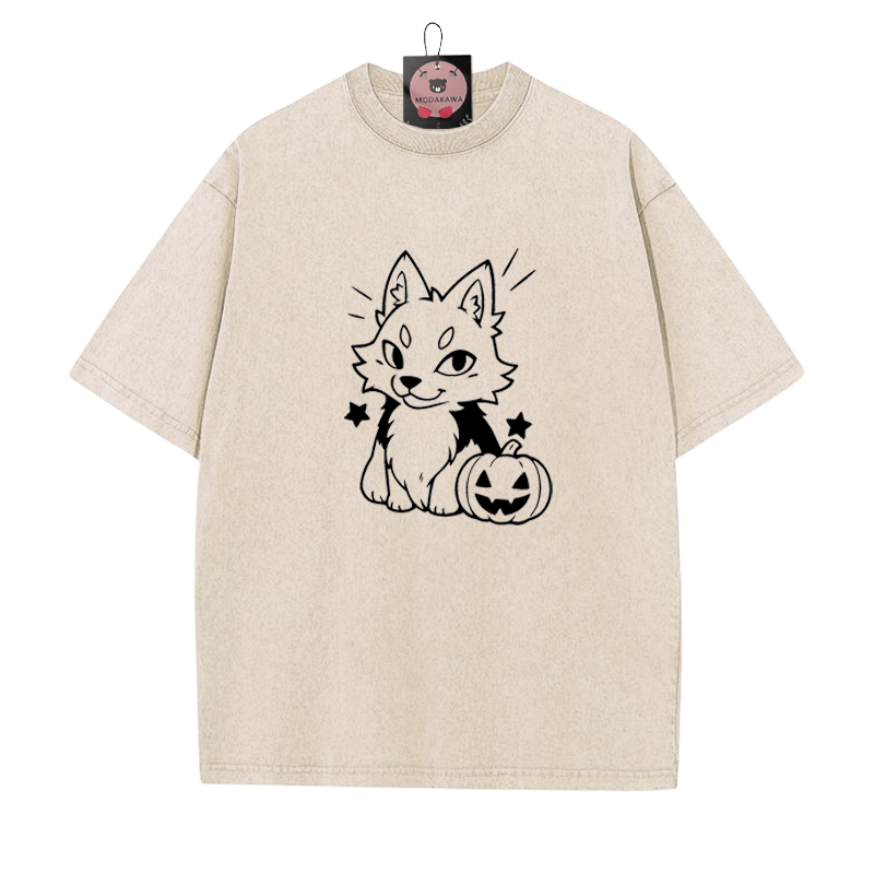 遊び心のあるキツネのパンプキングラフィック ユニセックス ヴィンテージ ウォッシュTシャツ - Apricot - 5XL - image 3