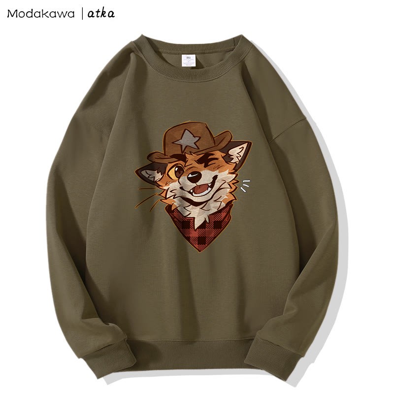 MODAKAWA X atka カウボーイフォックスウィンキンググラフィックラウンドカラースウェットシャツ - Khaki - 5XL - image 2
