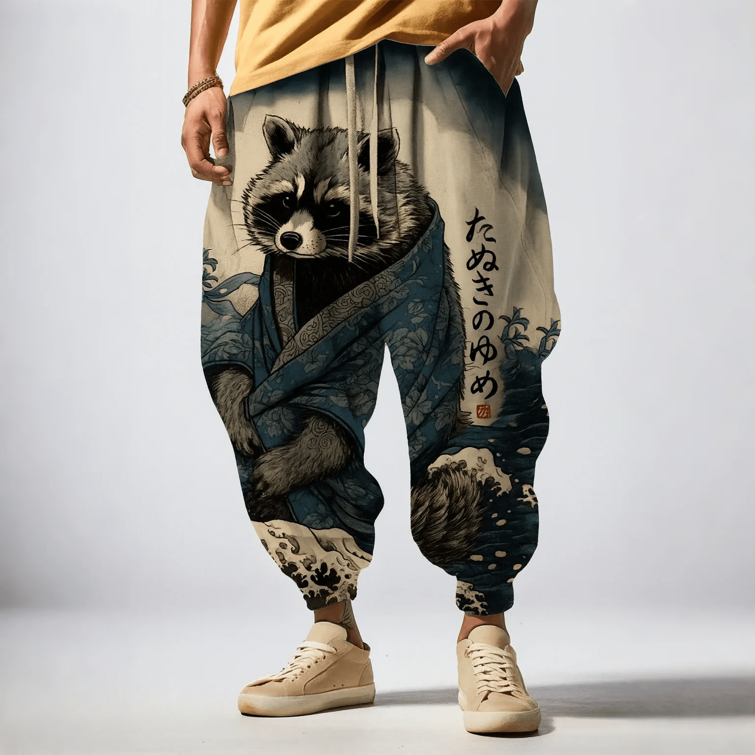 ラクーンシーウェーブプリントのリラックスドローストリングスウェットパンツ - アプリコット - 5XL - image 1