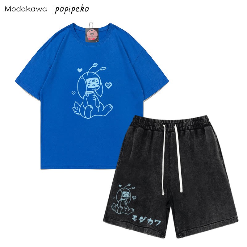 ロボットバニー グラフィックTシャツ ヴィンテージウォッシュドショーツ 2点セット - Royal Blue&Black - 3XL - image 2
