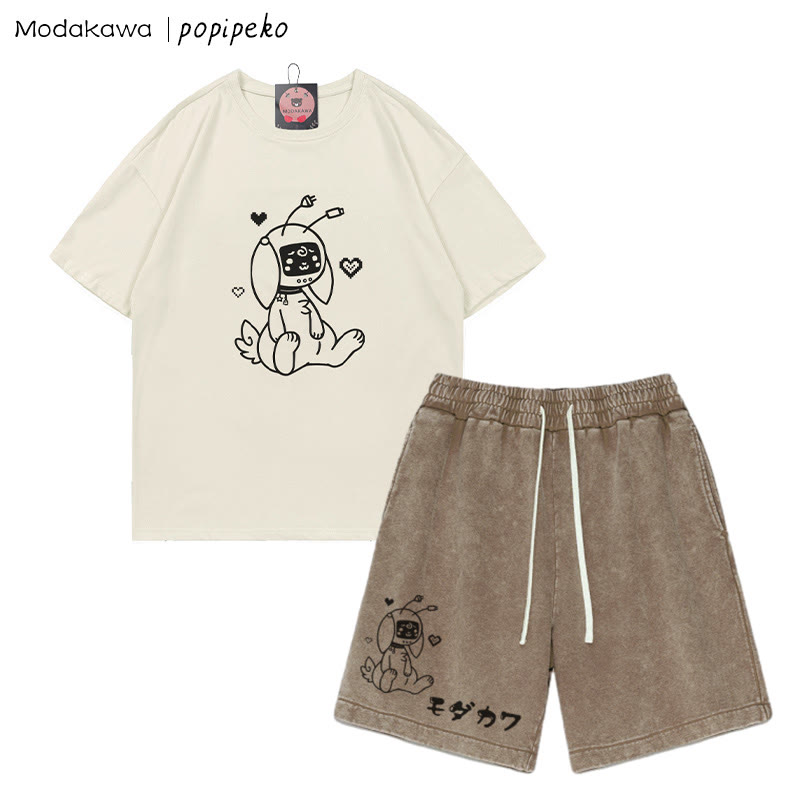 ロボットバニー グラフィックTシャツ ヴィンテージウォッシュドショーツ 2点セット - Beige&Brown - 3XL - image 3