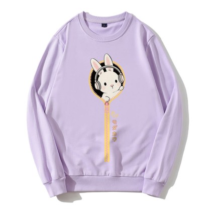 ヘッドフォンバニージッパーグラフィックラウンドカラースウェットシャツ - 紫 - 5XL - image 1