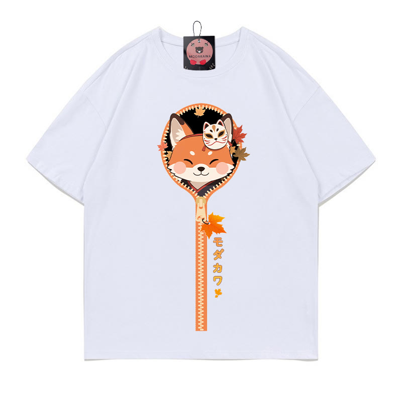 フォックスジッパープリント100%綿ModakawaTシャツ - White - 5XL - image 2