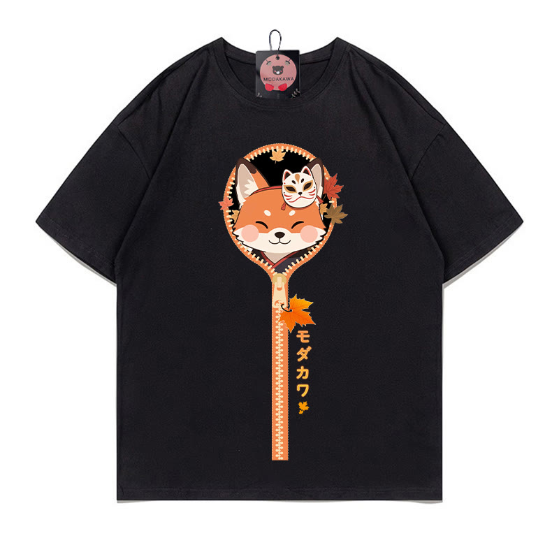 フォックスジッパープリント100%綿ModakawaTシャツ - Black - 5XL - image 1