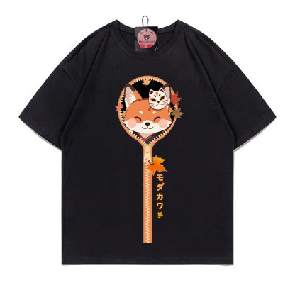 フォックスジッパープリント100%綿ModakawaTシャツ - Black - 5XL - image 1