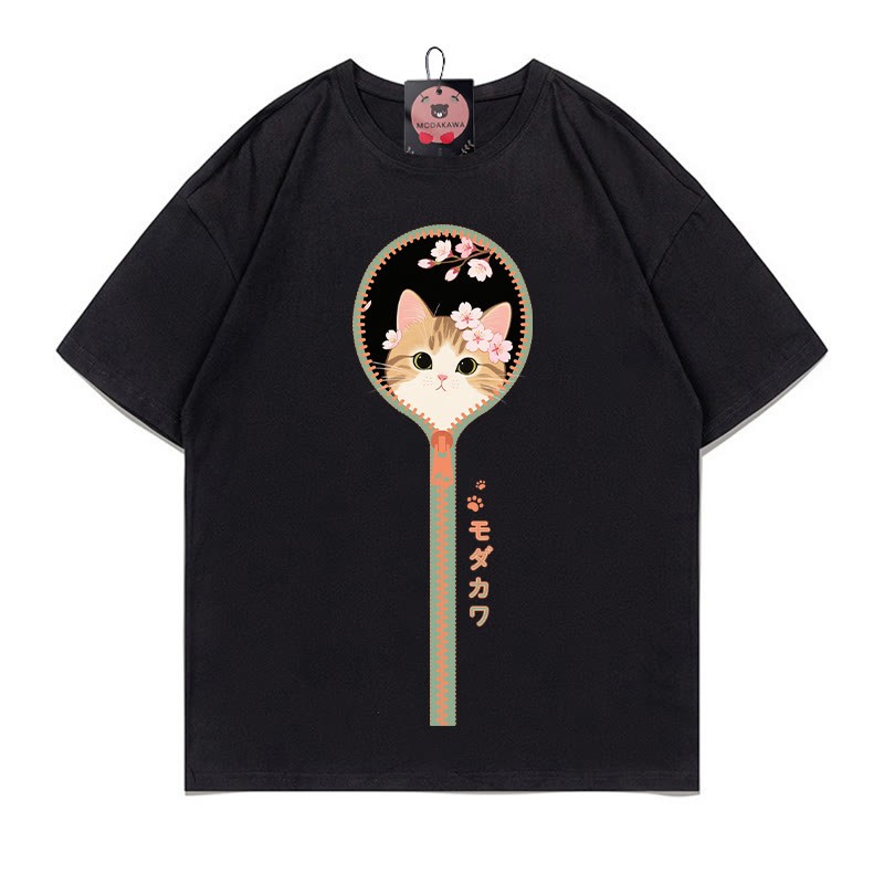 キティさくら ジッパープリント100%綿ModakawaTシャツ - Black - 5XL - image 2