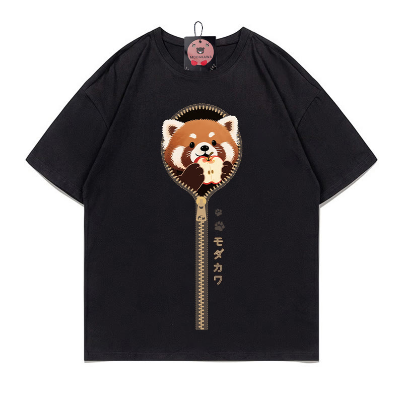 レッサーパンダ ジッパープリント100%綿ModakawaTシャツ - Black - 5XL - image 2