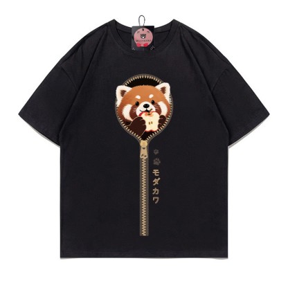レッサーパンダ ジッパープリント100%綿ModakawaTシャツ - Black - 5XL - image 2