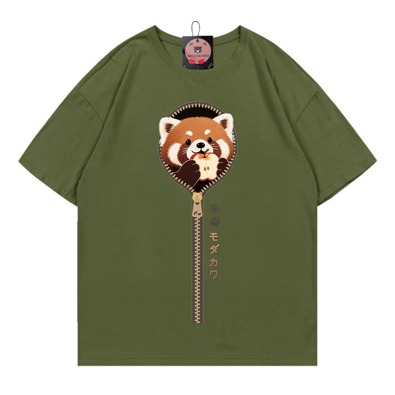 レッサーパンダ ジッパープリント100%綿ModakawaTシャツ - Green - 5XL - image 1