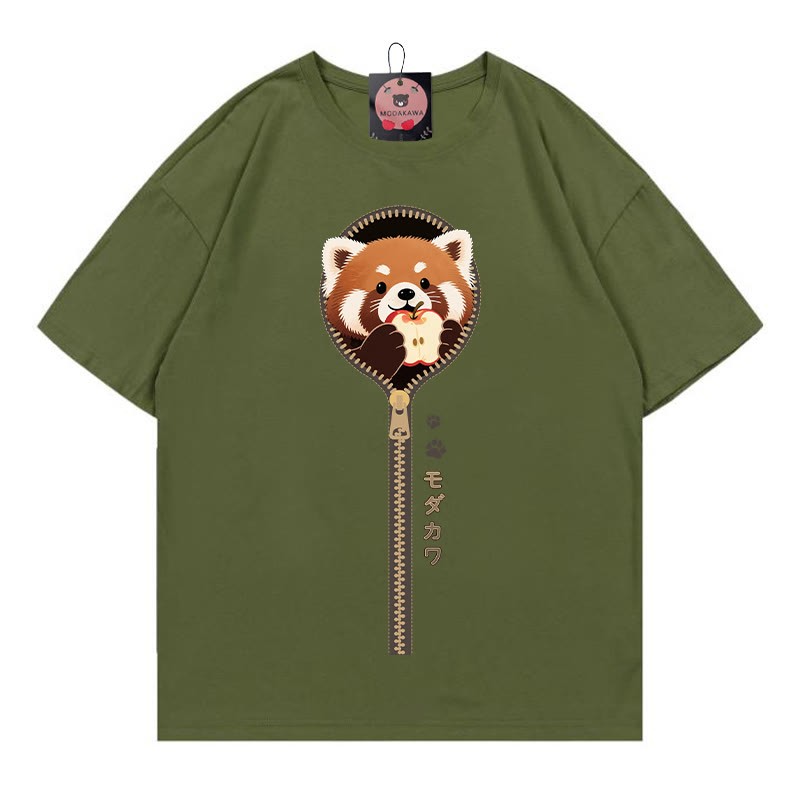 レッサーパンダ ジッパープリント100%綿ModakawaTシャツ - Green - 5XL - image 1