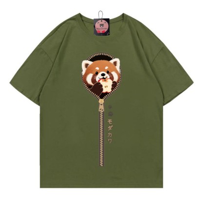 レッサーパンダ ジッパープリント100%綿ModakawaTシャツ - Green - 5XL - image 1