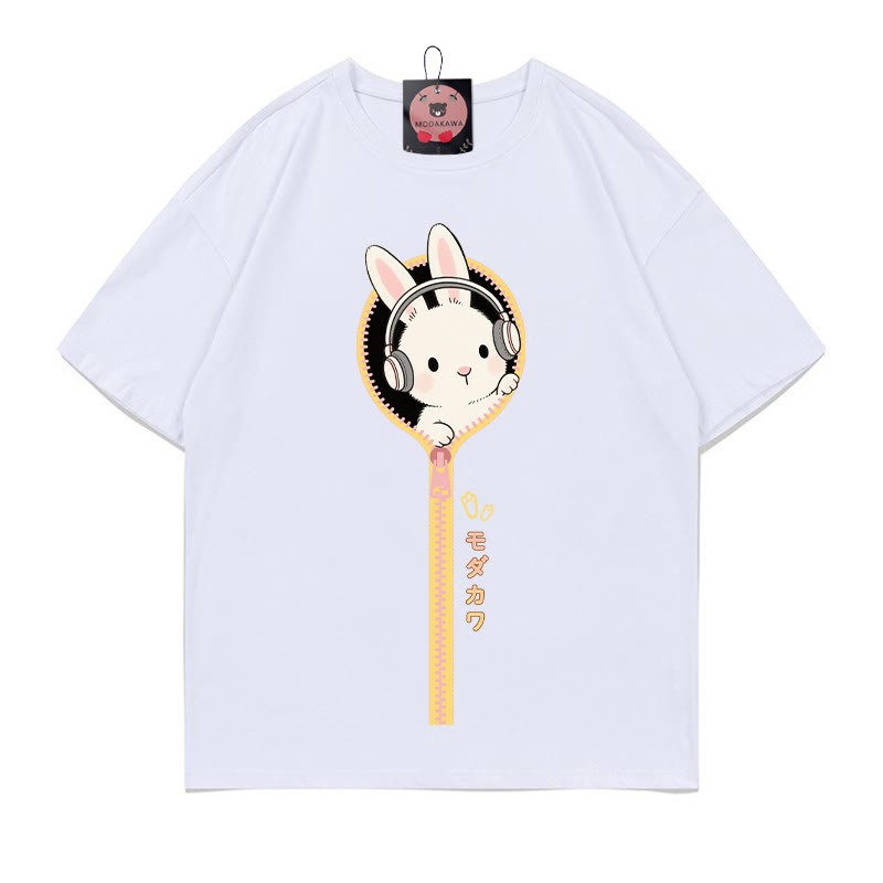 ヘッドフォンバニージッパープリント100%綿ModakawaTシャツ - White - 5XL - image 3