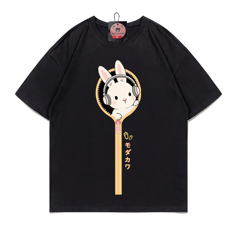 ヘッドフォンバニージッパープリント100%綿ModakawaTシャツ - Black - 5XL - image 2