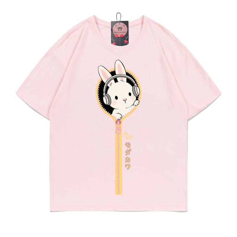 ヘッドフォンバニージッパープリント100%綿ModakawaTシャツ - Pink - 5XL - image 1