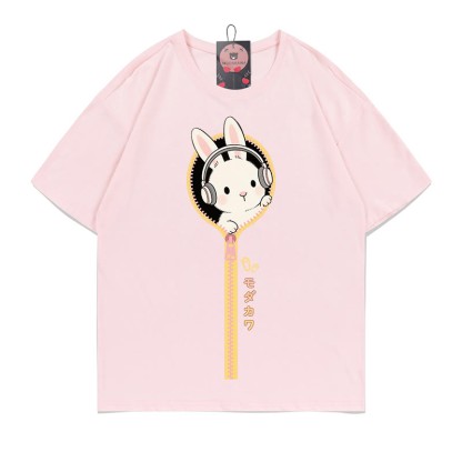 ヘッドフォンバニージッパープリント100%綿ModakawaTシャツ - Pink - 5XL - image 1