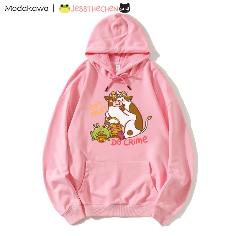 フルーツを食べる牛のグラフィックパーカー - Pink - 5XL - image 2