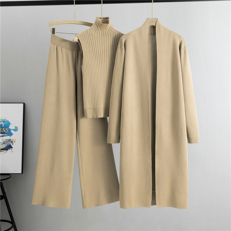 ニットベスト カーディガン ワイドレッグパンツ 3点セット - カーキ - フリー - image 1