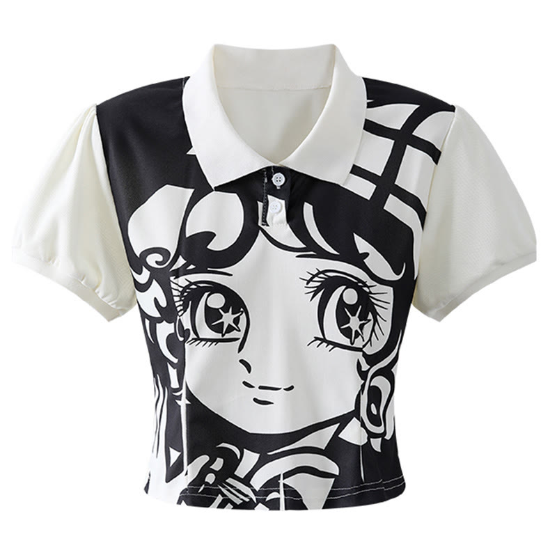 アニメガールフェイスポロトップとフリルスカートのマッチング衣装 - Top - L - image 2