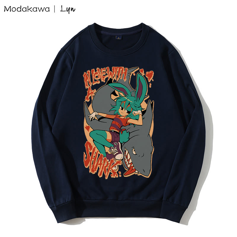 MODAKAWA X Lyn IN LOVE WITH A SHARK バニーガール シャークプリント ラウンドカラー スウェットシャツ - Purplish Blue - 5XL - image 1