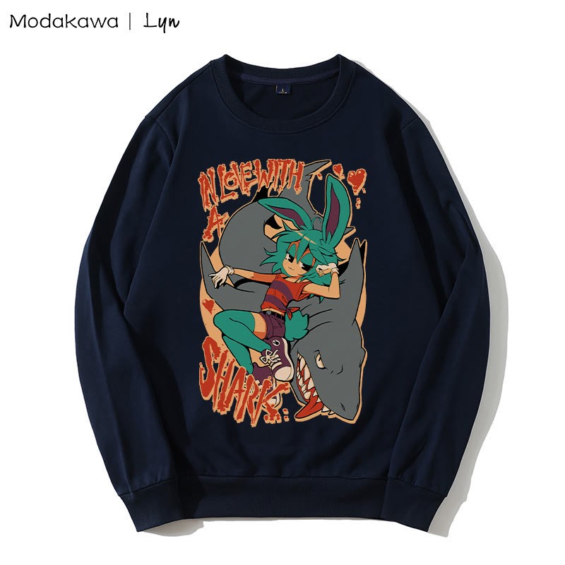 MODAKAWA X Lyn IN LOVE WITH A SHARK バニーガール シャークプリント ラウンドカラー スウェットシャツ - Purplish Blue - 5XL - image 1