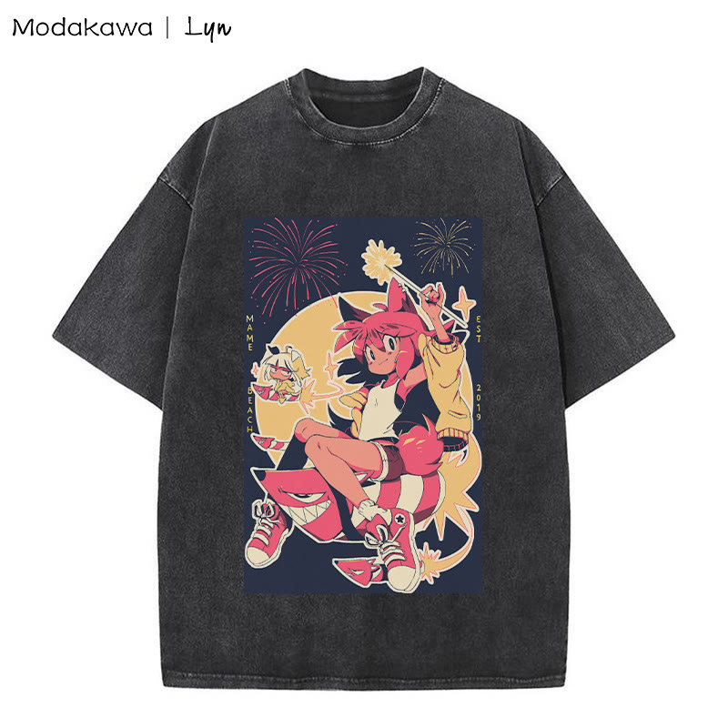 MODAKAWA X Lyn Kitty Girl プリント ヴィンテージウォッシュTシャツ - Black - 5XL - image 2