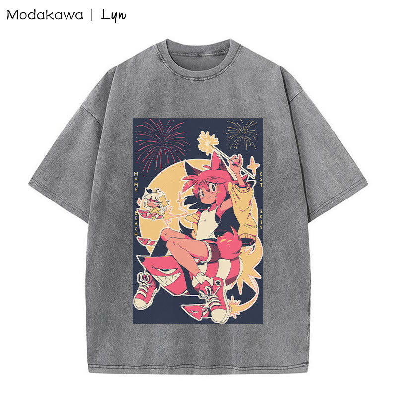 MODAKAWA X Lyn Kitty Girl プリント ヴィンテージウォッシュTシャツ - Grey - 5XL - image 1