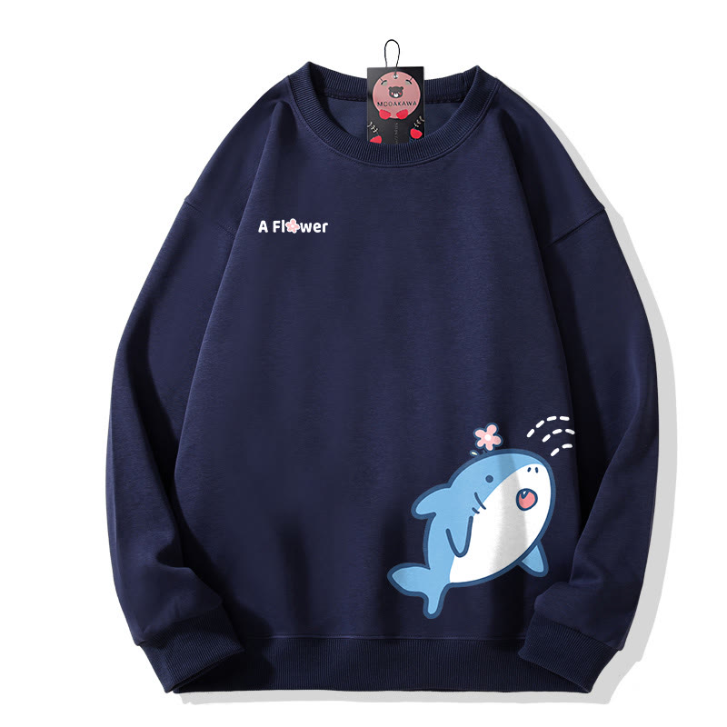 サメのグラフィック カップルマッチングラウンドカラースウェットシャツ - Purplish Blue - 5XL - image 2