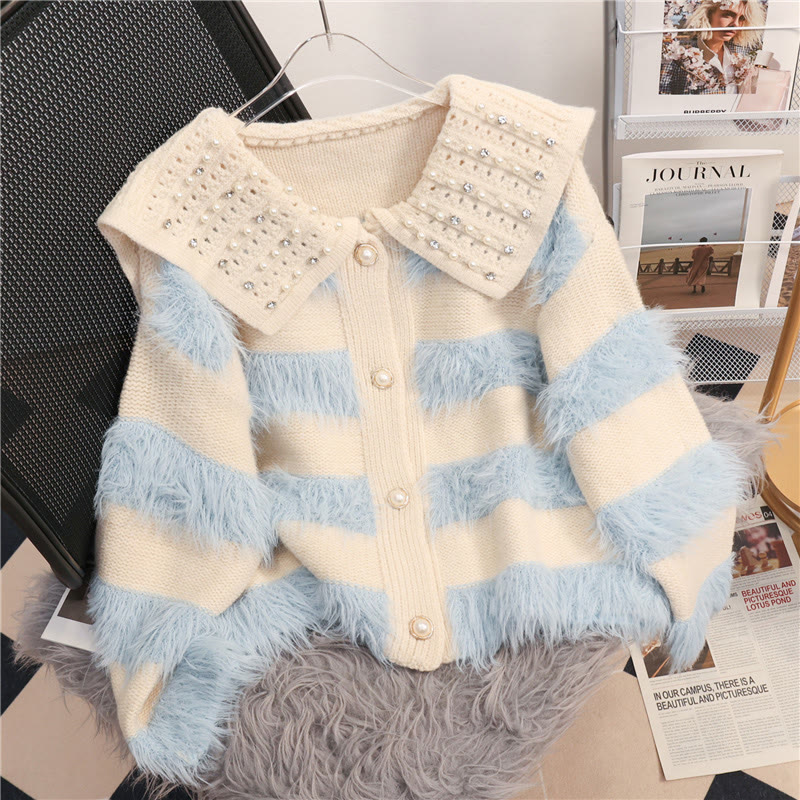 ふわふわストライプニットカーディガン - ホワイト＆ブルー - XL - image 1