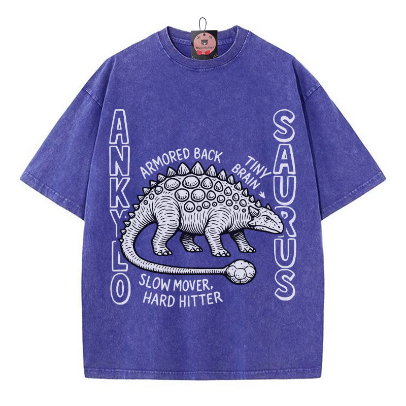 アンキロサウルス 恐竜グラフィック ユニセックス ヴィンテージ ウォッシュド Tシャツ - 青 - 5XL - image 1