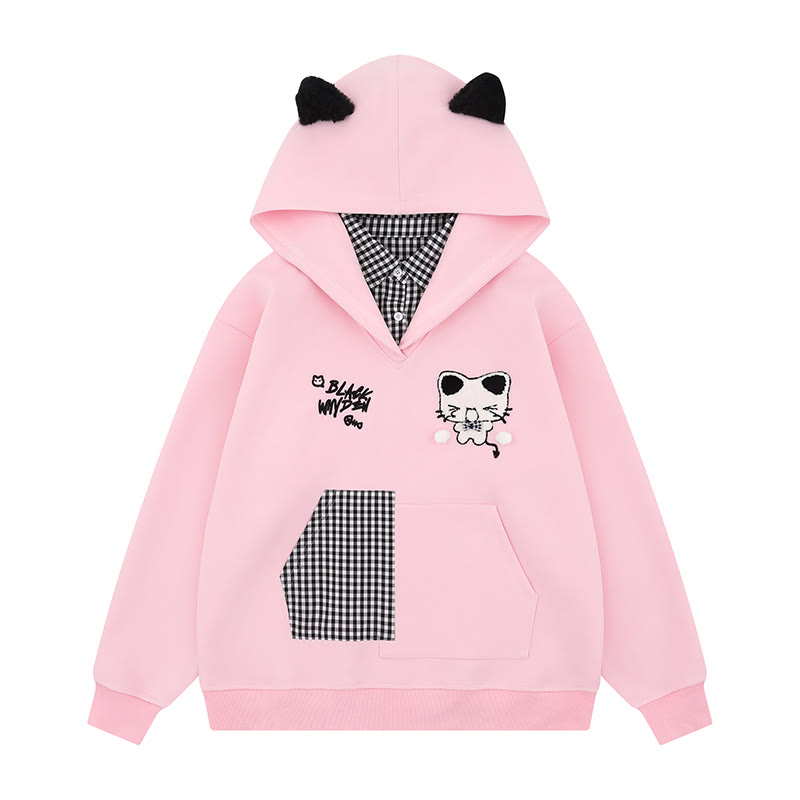 フェイクツーピース猫耳チェック柄パーカー - ピンク - XL - image 2