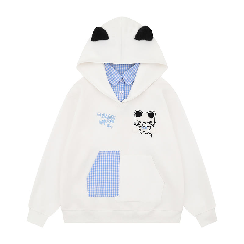 フェイクツーピース猫耳チェック柄パーカー - 白 - XL - image 1