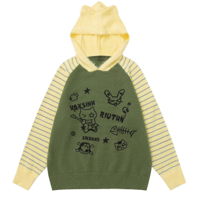 ストライプカラーブロックアニマルプリントセーター - 緑 - XL - image 2