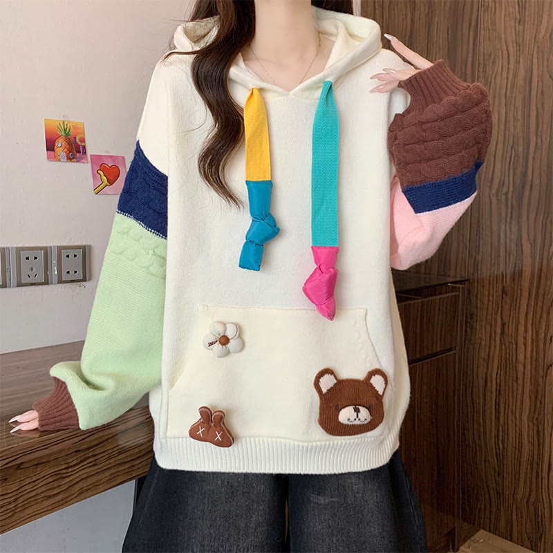 3Dバニーフラワーカラーブロックニットパーカー - 白 - フリー - image 2