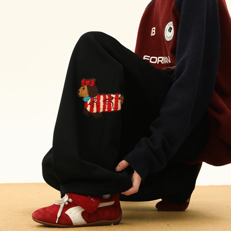 子犬の刺繍入り、着心地の良い厚手シェルパフリースパンツ。冬ラウンジパンツ。 - Black  – Regular Fleece - 3XL - image 10