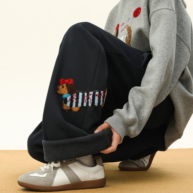 子犬の刺繍入り、着心地の良い厚手シェルパフリースパンツ。冬ラウンジパンツ。 - Purplish Blue – Regular Fleece - 3XL - image 11